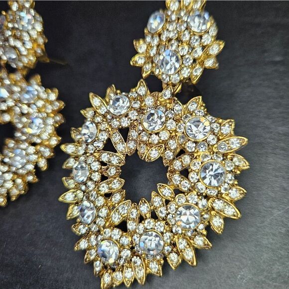 Vintage Thelma Deutsch Signed Large Rhinestone Open Heart Clip Dangle Earrings - Picture 7 of 12